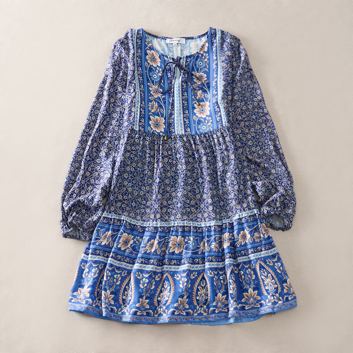 Buddha Stones Minivestido de mujer de algodón con estampado floral paisley estilo boho otoñal, mangas abullonadas y cuello con lazo. - image 0