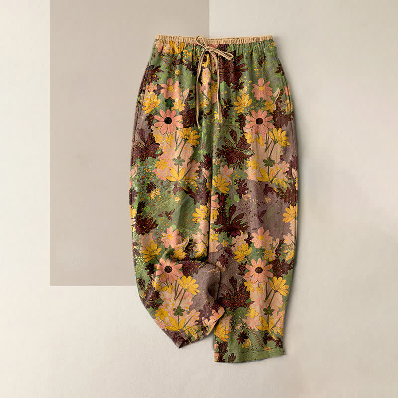 Buddha Stones Pantalones de mujer de algodón puro con estampado floral colorido, cintura elástica y bolsillos. - Verde oliva - US16，UK/AU20，EU48 (3XL) - image 5