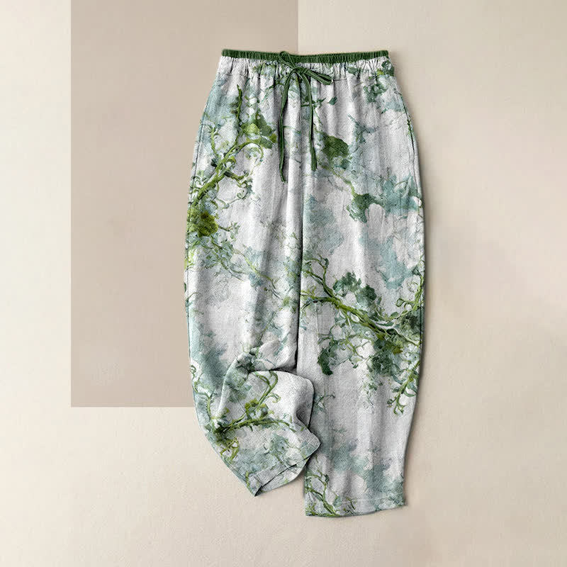 Buddha Stones Pantalones de mujer de algodón puro con estampado de ramas y elementos florales, con bolsillos. - Verde azulado - US16，UK/AU20，EU48 (3XL) - image 0