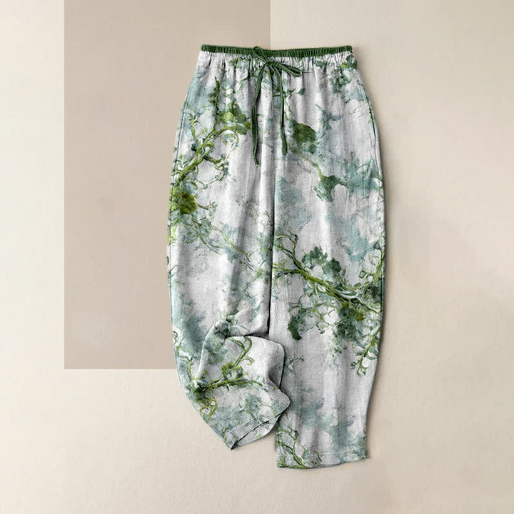 Buddha Stones Pantalones de mujer de algodón puro con estampado de ramas y elementos florales, con bolsillos. - Verde azulado - US16，UK/AU20，EU48 (3XL) - image 0