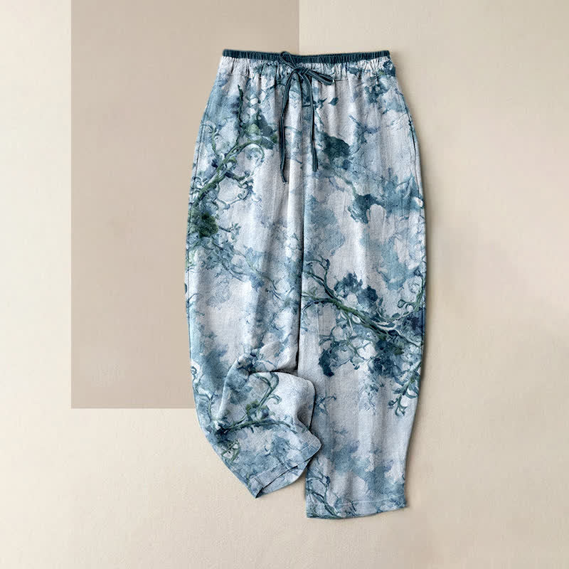 Buddha Stones Pantalones de mujer de algodón puro con estampado de ramas y elementos florales, con bolsillos. - Verdemar - US16，UK/AU20，EU48 (3XL) - image 4