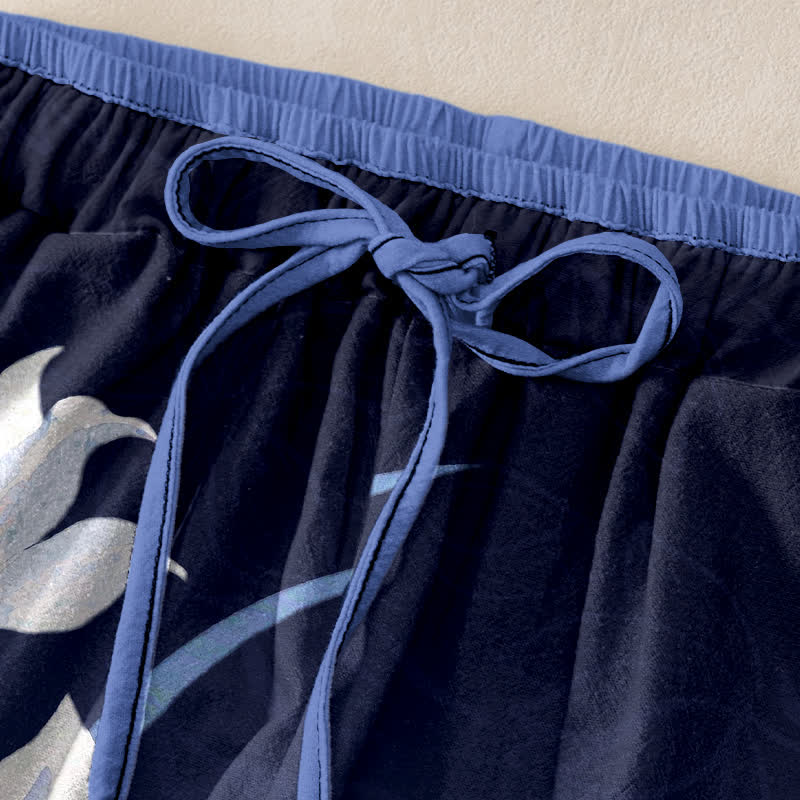 Buddha Stones Pantalones de mujer de algodón puro con estampado de lirios, cintura elástica, cordón ajustable y bolsillos. - image 1