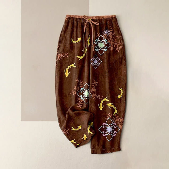 Buddha Stones Pantalones de mujer de algodón con cordón ajustable y estampado geométrico de peces koi, con bolsillos. - Marrón silla de montar - US16，UK/AU20，EU48 (3XL) - image 3