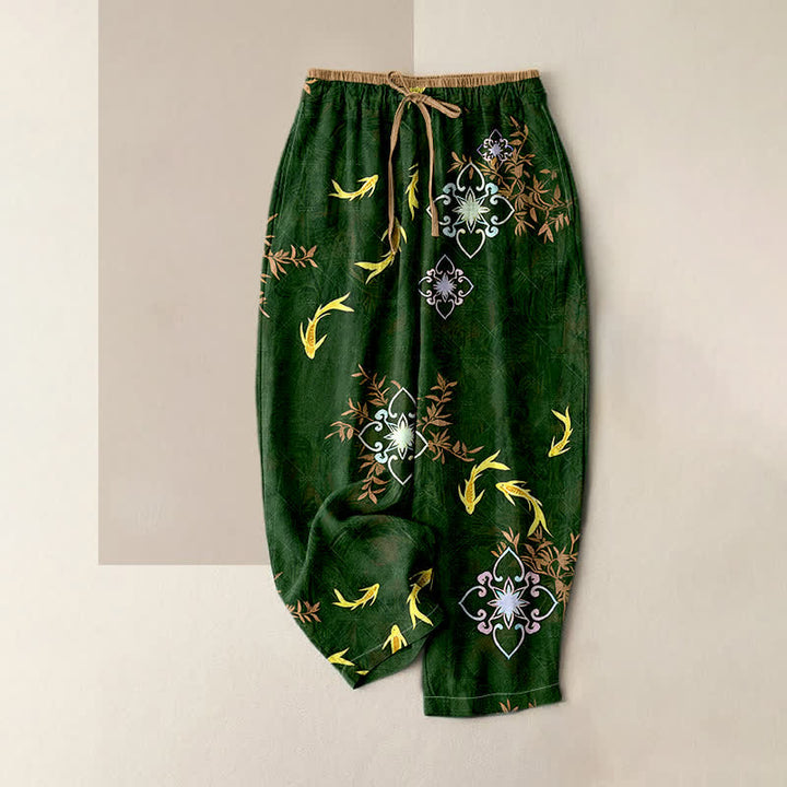 Buddha Stones Pantalones de mujer de algodón con cordón ajustable y estampado geométrico de peces koi, con bolsillos. - Verde oscuro - US16，UK/AU20，EU48 (3XL) - image 0