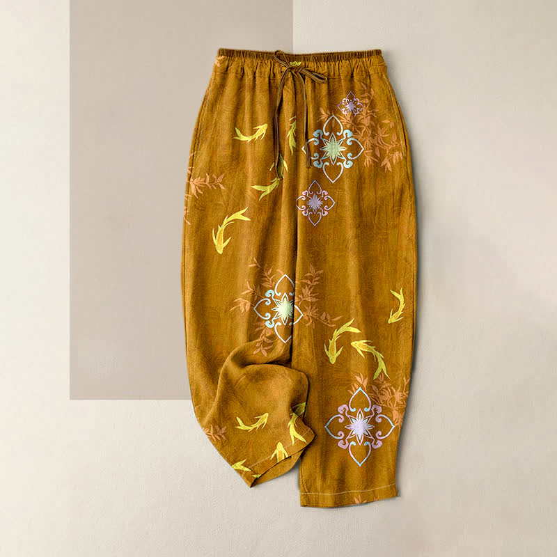 Buddha Stones Pantalones de mujer de algodón con cordón ajustable y estampado geométrico de peces koi, con bolsillos. - Vara de oro oscura - US16，UK/AU20，EU48 (3XL) - image 6