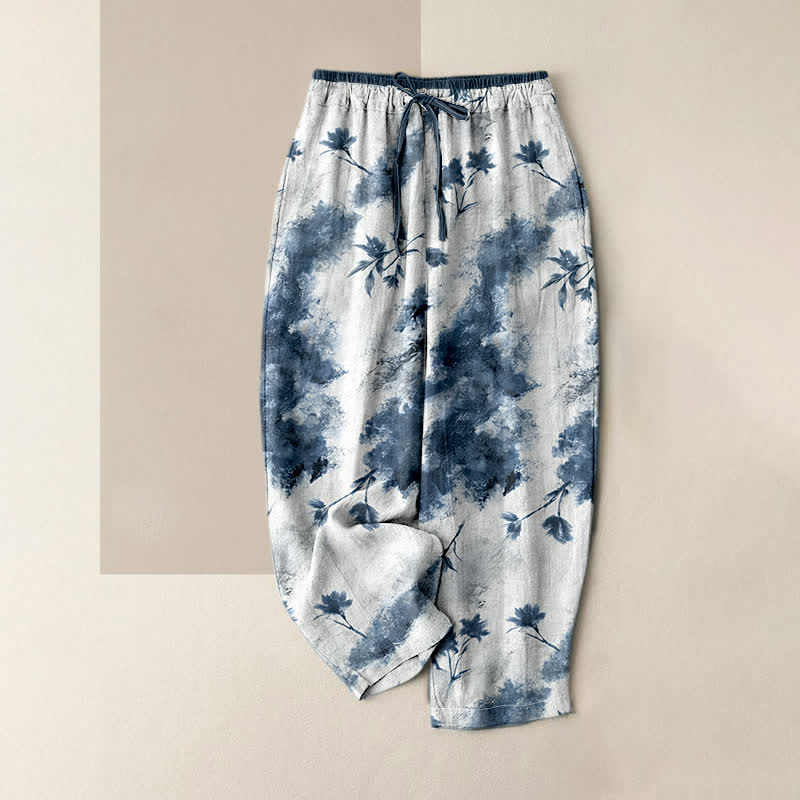 Buddha Stones Pantalones de mujer de algodón puro con cordón elástico y estampado floral de acuarela, con bolsillos. - Azul acero - US16，UK/AU20，EU48 (3XL) - image 3
