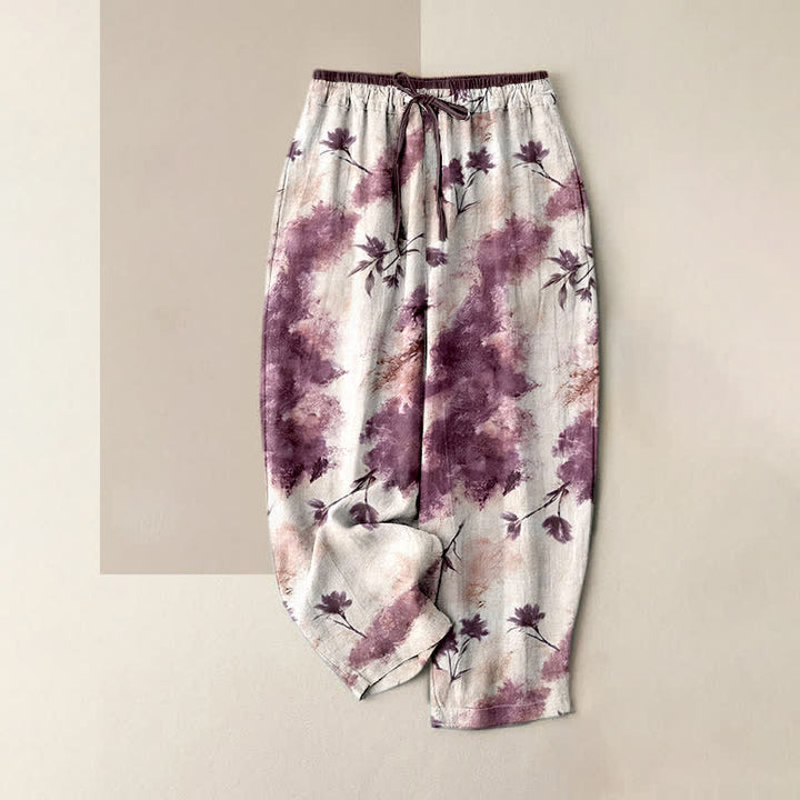 Buddha Stones Pantalones de mujer de algodón puro con cordón elástico y estampado floral de acuarela, con bolsillos. - Rojo violeta pálido - US16，UK/AU20，EU48 (3XL) - image 6