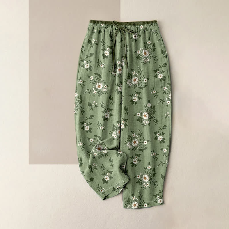 Buddha Stones Pantalones de mujer de algodón puro con estampado floral discreto y cintura elástica, con bolsillos. - Verde mar oscuro - US16，UK/AU20，EU48 (3XL) - image 0