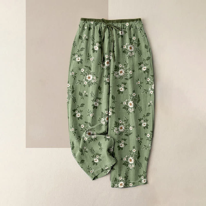 Buddha Stones Pantalones de mujer de algodón puro con estampado floral discreto y cintura elástica, con bolsillos. - Verde mar oscuro - US16，UK/AU20，EU48 (3XL) - image 0