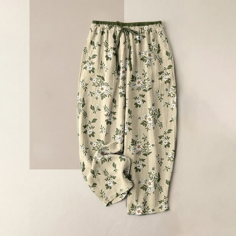 Buddha Stones Pantalones de mujer de algodón puro con estampado floral discreto y cintura elástica, con bolsillos. - vara de oro pálida - US16，UK/AU20，EU48 (3XL) - image 6