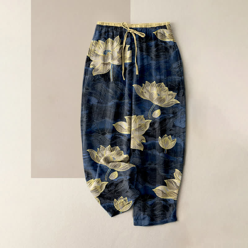 Buddha Stones Pantalones de mujer de algodón puro con cintura elástica y estampado de loto, con bolsillos. - Azul oscuro - US16，UK/AU20，EU48 (3XL) - image 0