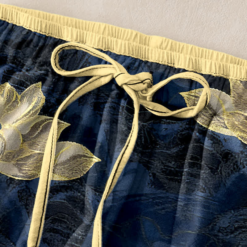 Buddha Stones Pantalones de mujer de algodón puro con cintura elástica y estampado de loto, con bolsillos. - image 1