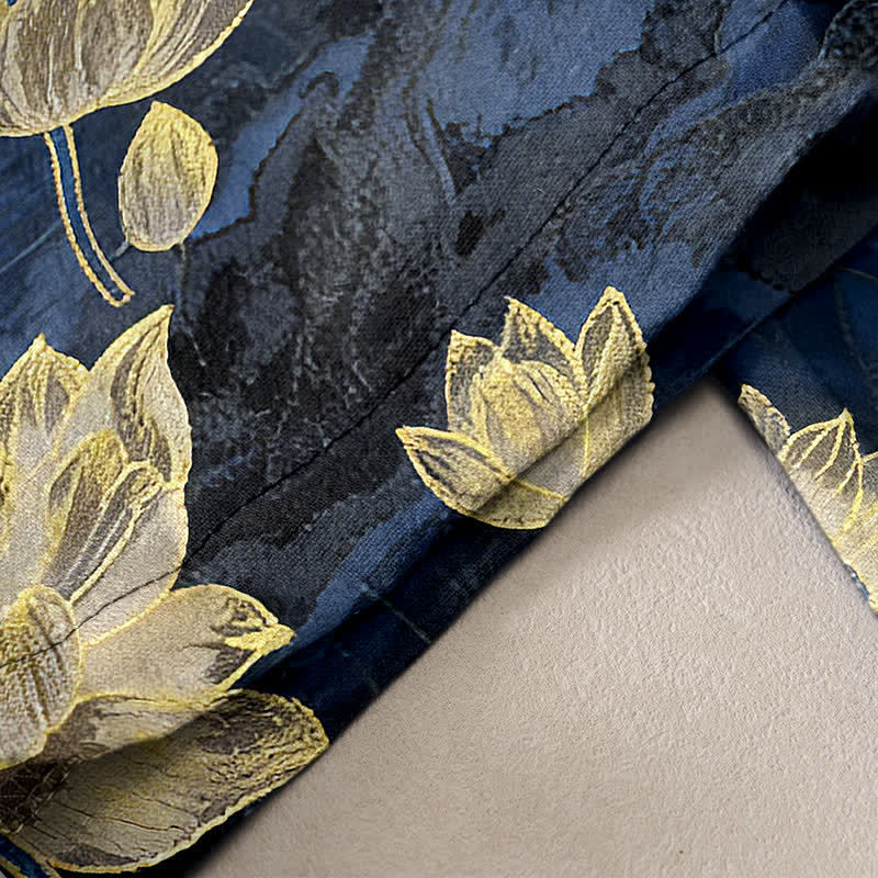 Buddha Stones Pantalones de mujer de algodón puro con cintura elástica y estampado de loto, con bolsillos. - image 2