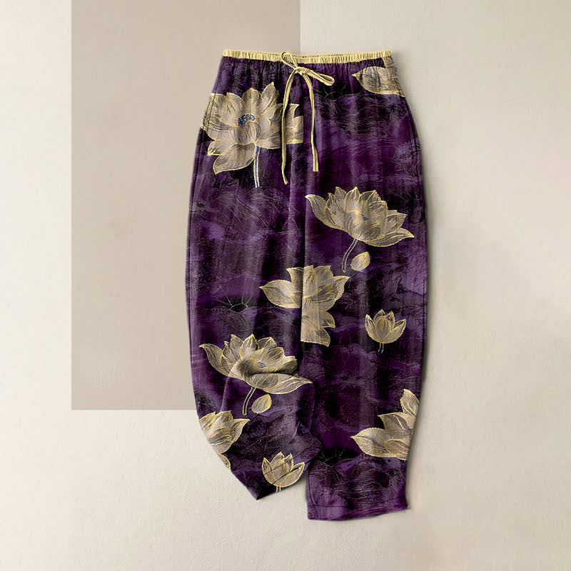 Buddha Stones Pantalones de mujer de algodón puro con cintura elástica y estampado de loto, con bolsillos. - Púrpura - US16，UK/AU20，EU48 (3XL) - image 4