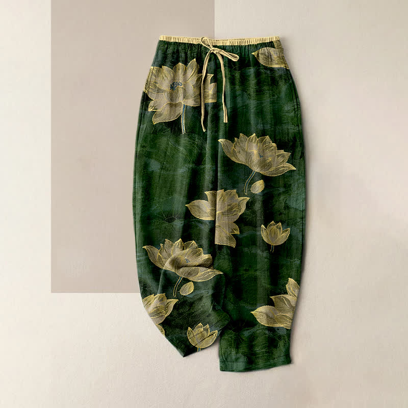 Buddha Stones Pantalones de mujer de algodón puro con cintura elástica y estampado de loto, con bolsillos. - Verde oscuro - US16，UK/AU20，EU48 (3XL) - image 8