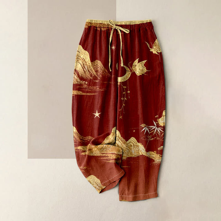 Buddha Stones Pantalones de mujer Cotton Mountain Moon con estampado de mariposas y cintura elástica, con bolsillos. - Rojo oscuro - US16，UK/AU20，EU48 (3XL) - image 3