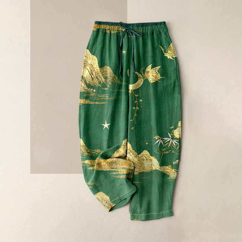 Buddha Stones Pantalones de mujer Cotton Mountain Moon con estampado de mariposas y cintura elástica, con bolsillos. - Verde mar medio - US16，UK/AU20，EU48 (3XL) - image 6
