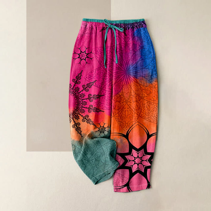 Buddha Stones Pantalones de mujer de algodón con estampado degradado de mandala, cintura elástica y bolsillos. - Rosa intenso - US16，UK/AU20，EU48 (3XL) - image 3