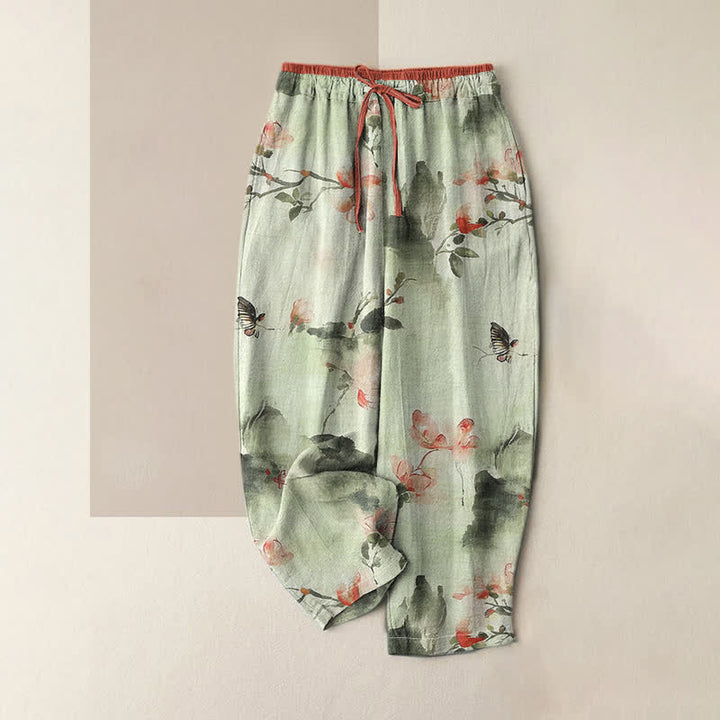 Buddha Stones Pantalones de mujer de algodón puro con estampado de mariposas y flores, con bolsillos. - Gotas de miel - US16，UK/AU20，EU48 (3XL) - image 3