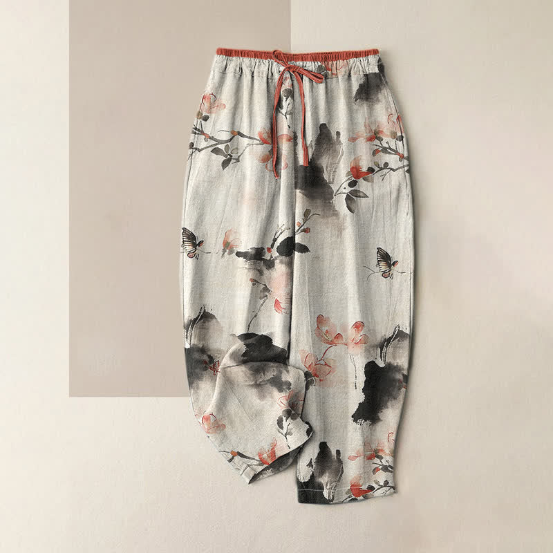 Buddha Stones Pantalones de mujer de algodón puro con estampado de mariposas y flores, con bolsillos. - Gainsboro - US16，UK/AU20，EU48 (3XL) - image 6