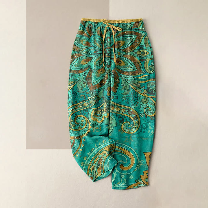 Buddha Stones Pantalones de mujer de algodón con estampado de mandala paisley, cintura elástica y bolsillos. - Verde mar claro - US16，UK/AU20，EU48 (3XL) - image 0