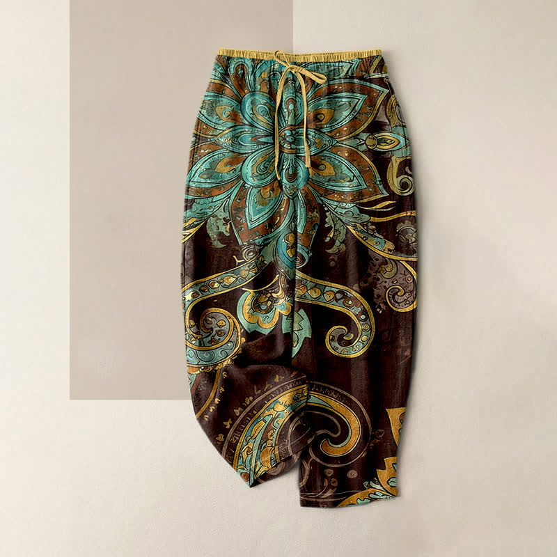Buddha Stones Pantalones de mujer de algodón con estampado de mandala paisley, cintura elástica y bolsillos. - Marrón silla de montar - US16，UK/AU20，EU48 (3XL) - image 3