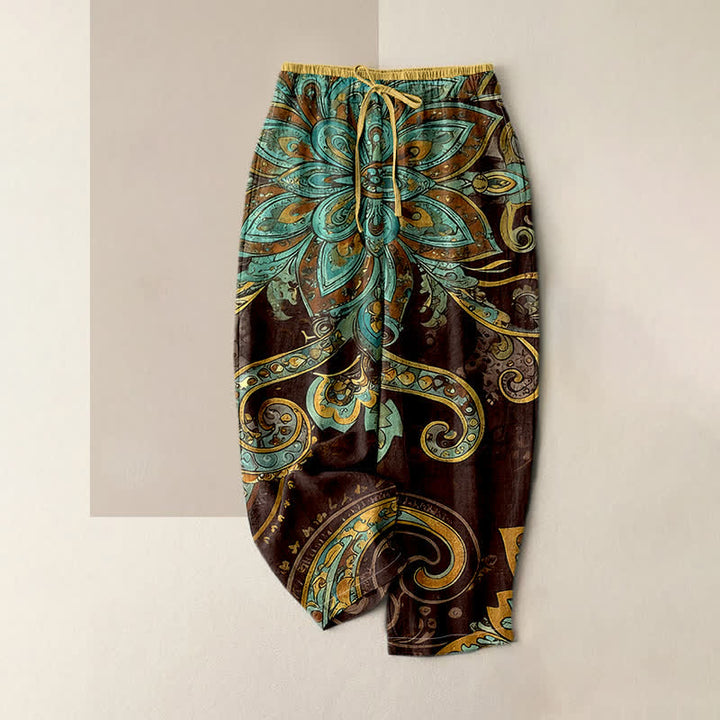 Buddha Stones Pantalones de mujer de algodón con estampado de mandala paisley, cintura elástica y bolsillos. - Marrón silla de montar - US16，UK/AU20，EU48 (3XL) - image 3