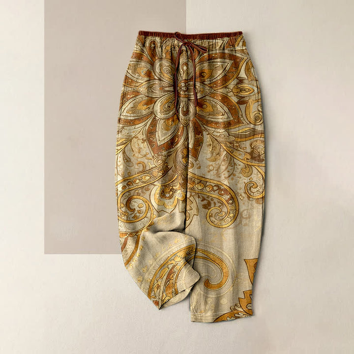 Buddha Stones Pantalones de mujer de algodón con estampado de mandala paisley, cintura elástica y bolsillos. - vara de oro pálida - US16，UK/AU20，EU48 (3XL) - image 6
