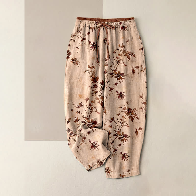 Buddha Stones Pantalones de mujer de algodón puro con estampado retro de flores y ramas, cintura elástica y bolsillos. - PeachPuff - US16，UK/AU20，EU48 (3XL) - image 6
