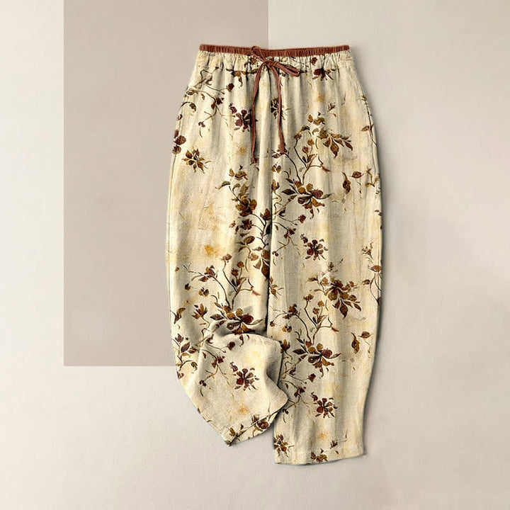 Buddha Stones Pantalones de mujer de algodón puro con estampado retro de flores y ramas, cintura elástica y bolsillos. - Limón Chiffon - US16，UK/AU20，EU48 (3XL) - image 0