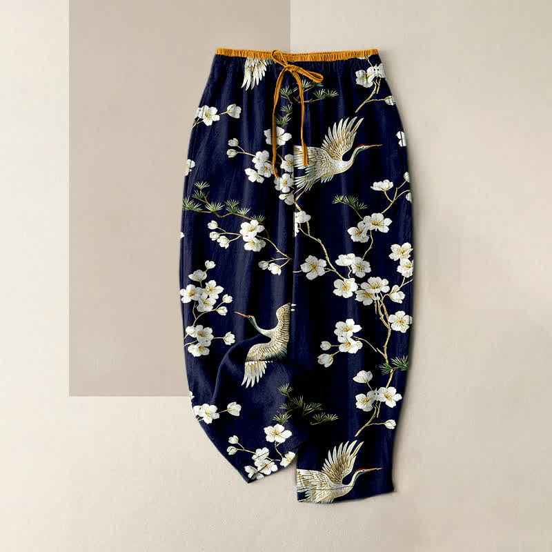 Buddha Stones Pantalones de mujer de algodón puro con estampado de grullas y flores de ciruelo, cintura elástica y bolsillos. - Azul medianoche - US16，UK/AU20，EU48 (3XL) - image 0