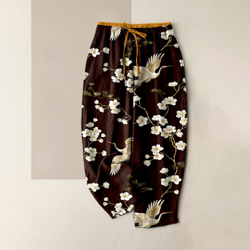 Buddha Stones Pantalones de mujer de algodón puro con estampado de grullas y flores de ciruelo, cintura elástica y bolsillos. - Granate - US16，UK/AU20，EU48 (3XL) - image 4