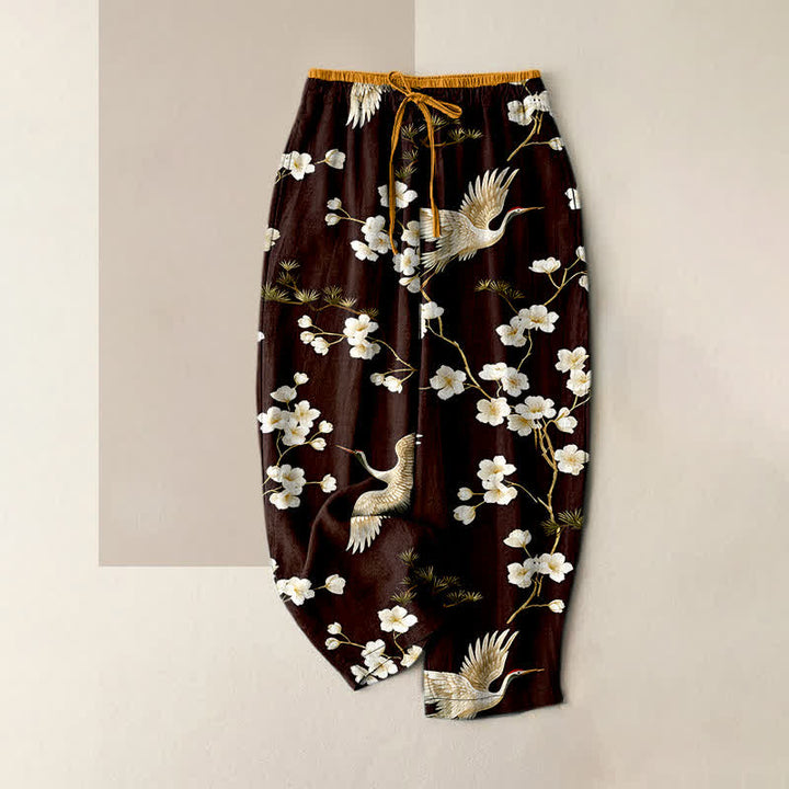Buddha Stones Pantalones de mujer de algodón puro con estampado de grullas y flores de ciruelo, cintura elástica y bolsillos. - Granate - US16，UK/AU20，EU48 (3XL) - image 4