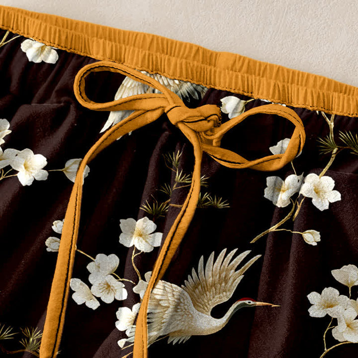 Buddha Stones Pantalones de mujer de algodón puro con estampado de grullas y flores de ciruelo, cintura elástica y bolsillos. - image 5