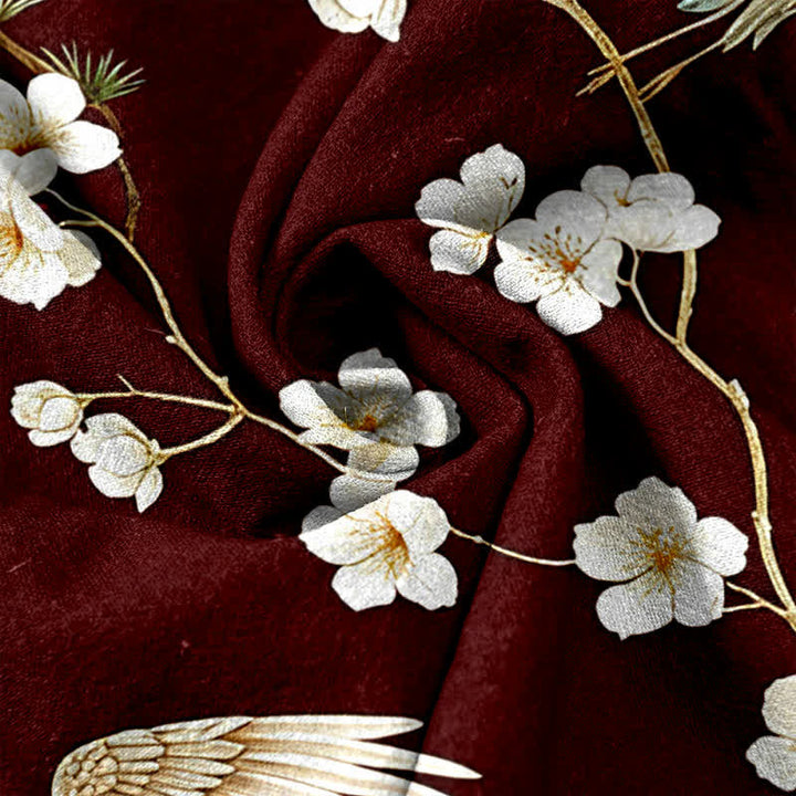 Buddha Stones Pantalones de mujer de algodón puro con estampado de grullas y flores de ciruelo, cintura elástica y bolsillos. - image 11
