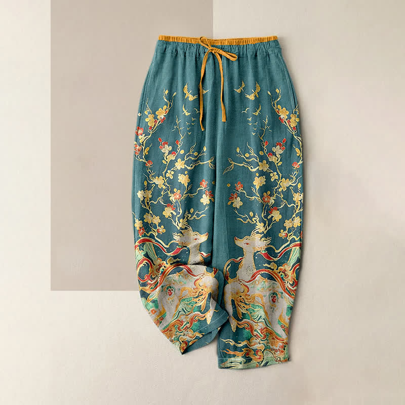 Buddha Stones Pantalones de mujer de algodón puro con estampado de flores de ciruelo y ciervos, con cordón ajustable y bolsillos. - Verde mar claro - US16，UK/AU20，EU48 (3XL) - image 3