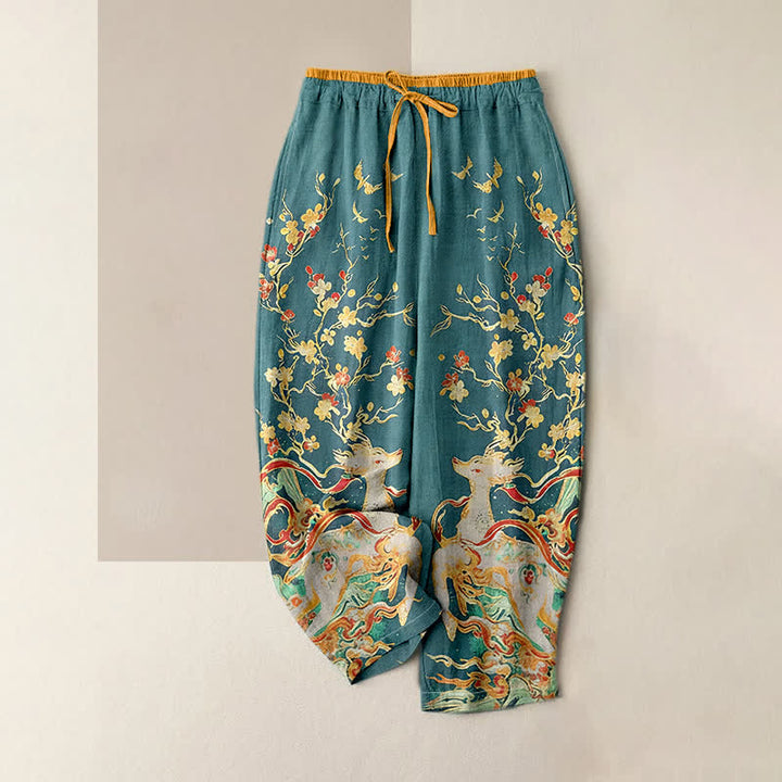 Buddha Stones Pantalones de mujer de algodón puro con estampado de flores de ciruelo y ciervos, con cordón ajustable y bolsillos. - Verde mar claro - US16，UK/AU20，EU48 (3XL) - image 3