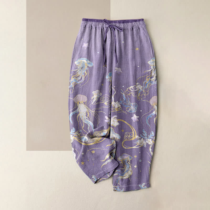 Buddha Stones Pantalones de mujer de algodón puro con cintura elástica y estampado de medusas, con bolsillos. - Orquídea mediana - US16，UK/AU20，EU48 (3XL) - image 3