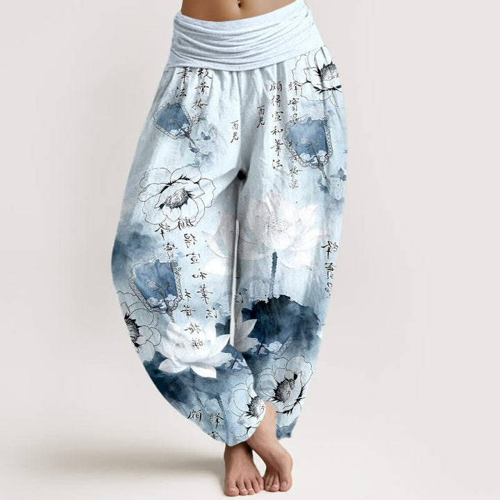 Buddha Stones Pantalones harem de mujer con cintura elástica y estampado de flores de loto en algodón puro. - Azul cielo claro - US16，UK/AU20，EU48 (3XL) - image 5