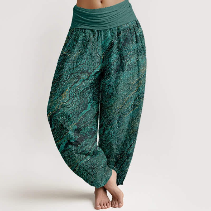 Buddha Stones Pantalones harem de algodón puro para mujer con cintura elástica alta y estampado ondulado. - cian oscuro - US16，UK/AU20，EU48 (3XL) - image 0