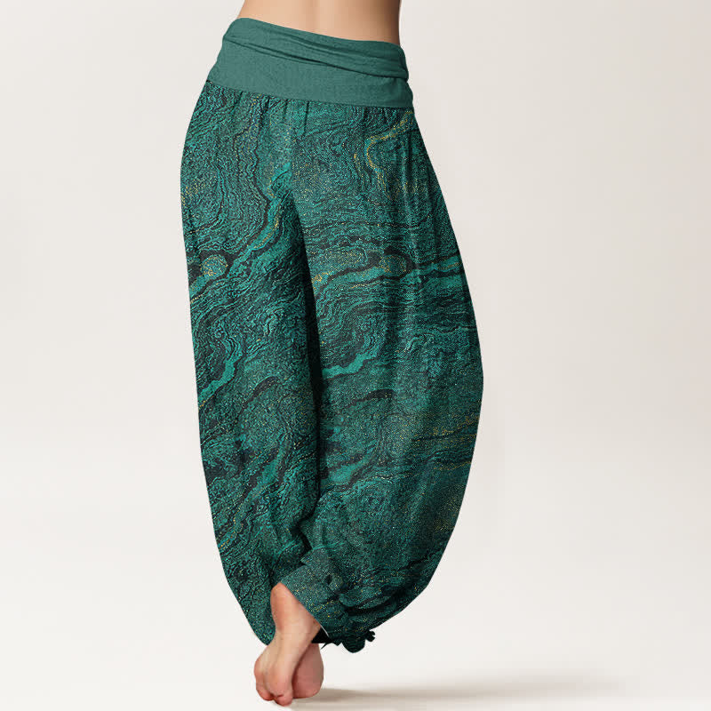 Buddha Stones Pantalones harem de algodón puro para mujer con cintura elástica alta y estampado ondulado. - image 1