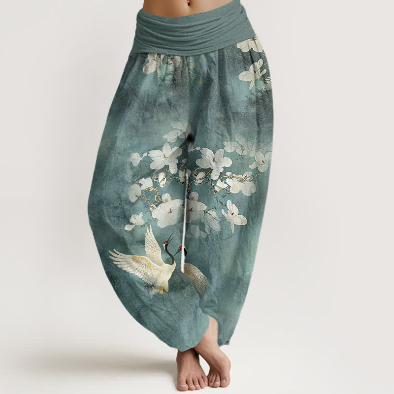 Buddha Stones Pantalones harem de algodón puro de talle alto para mujer con estampado de flores de grulla. - Azul cadete - US16，UK/AU20，EU48 (3XL) - image 0