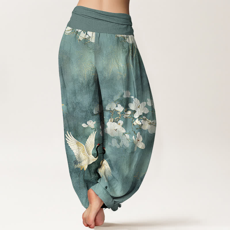 Buddha Stones Pantalones harem de algodón puro de talle alto para mujer con estampado de flores de grulla. - image 1