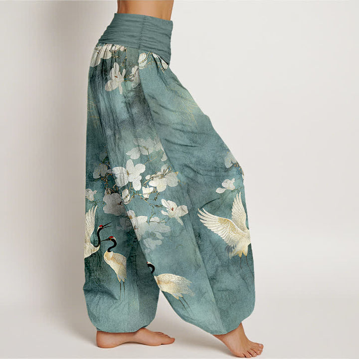 Buddha Stones Pantalones harem de algodón puro de talle alto para mujer con estampado de flores de grulla. - image 2