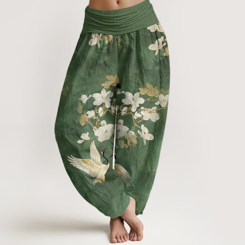 Buddha Stones Pantalones harem de algodón puro de talle alto para mujer con estampado de flores de grulla. - Verde oscuro - US16，UK/AU20，EU48 (3XL) - image 5