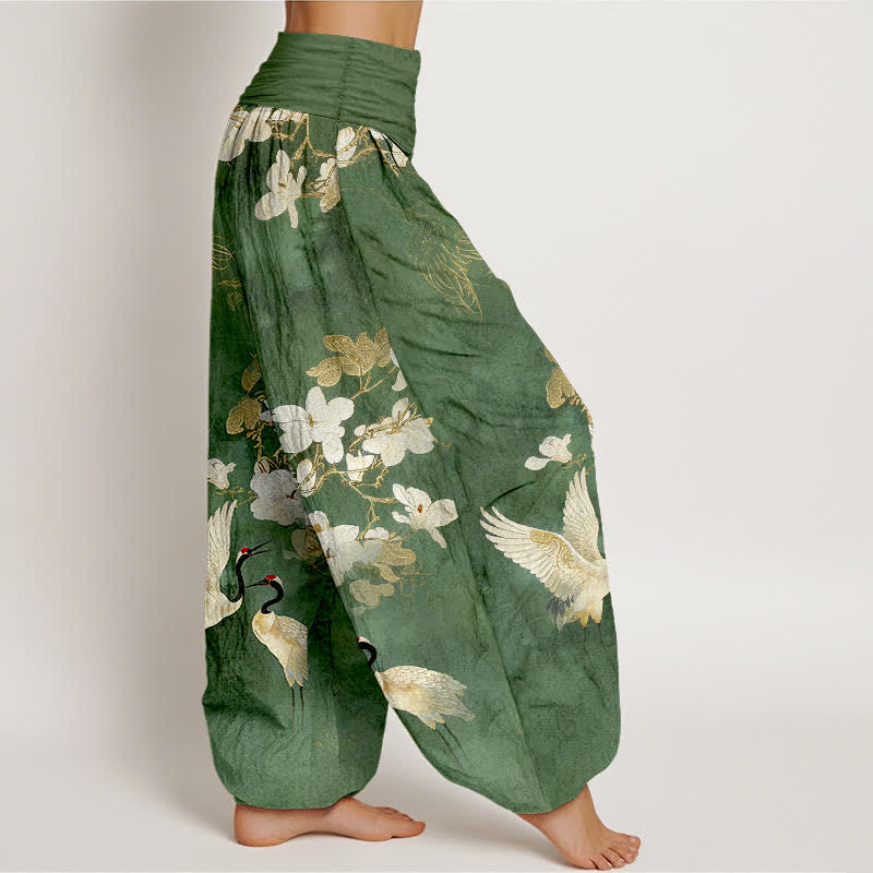 Buddha Stones Pantalones harem de algodón puro de talle alto para mujer con estampado de flores de grulla. - image 7