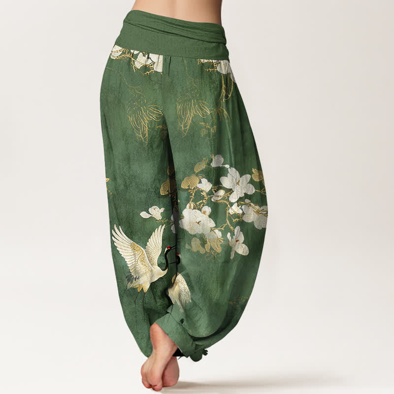 Buddha Stones Pantalones harem de algodón puro de talle alto para mujer con estampado de flores de grulla. - image 6