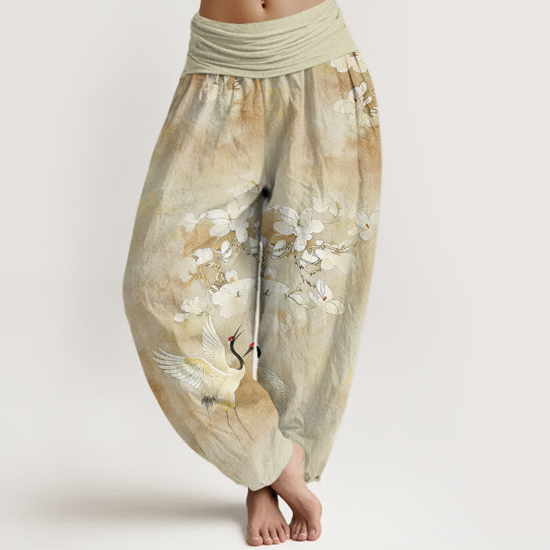 Buddha Stones Pantalones harem de algodón puro de talle alto para mujer con estampado de flores de grulla. - Limón Chiffon - US16，UK/AU20，EU48 (3XL) - image 8