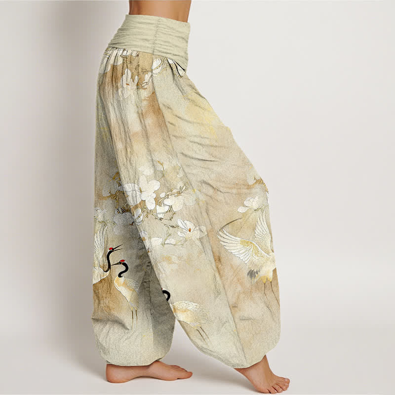 Buddha Stones Pantalones harem de algodón puro de talle alto para mujer con estampado de flores de grulla. - image 10