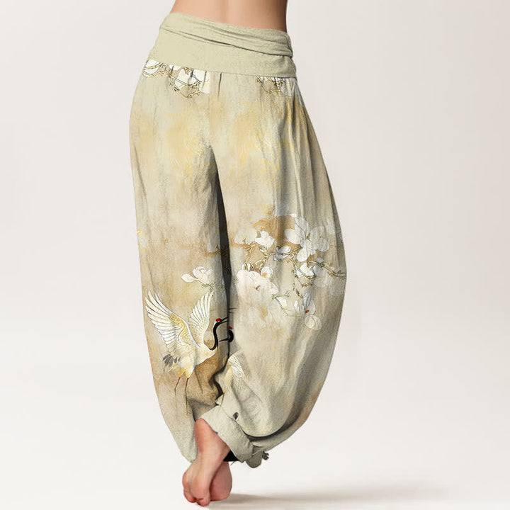 Buddha Stones Pantalones harem de algodón puro de talle alto para mujer con estampado de flores de grulla. - image 9